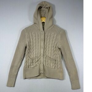Coastal Grandmother Relativity Women S Beige‎ Cotton Cable Knit Hooded Cardigan
